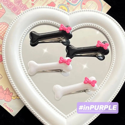 Kawaii Bow Dog Bone Hair Clips – Cute Black & White Bone Hairpins for Girls, Duckbill Barrettes Accessories