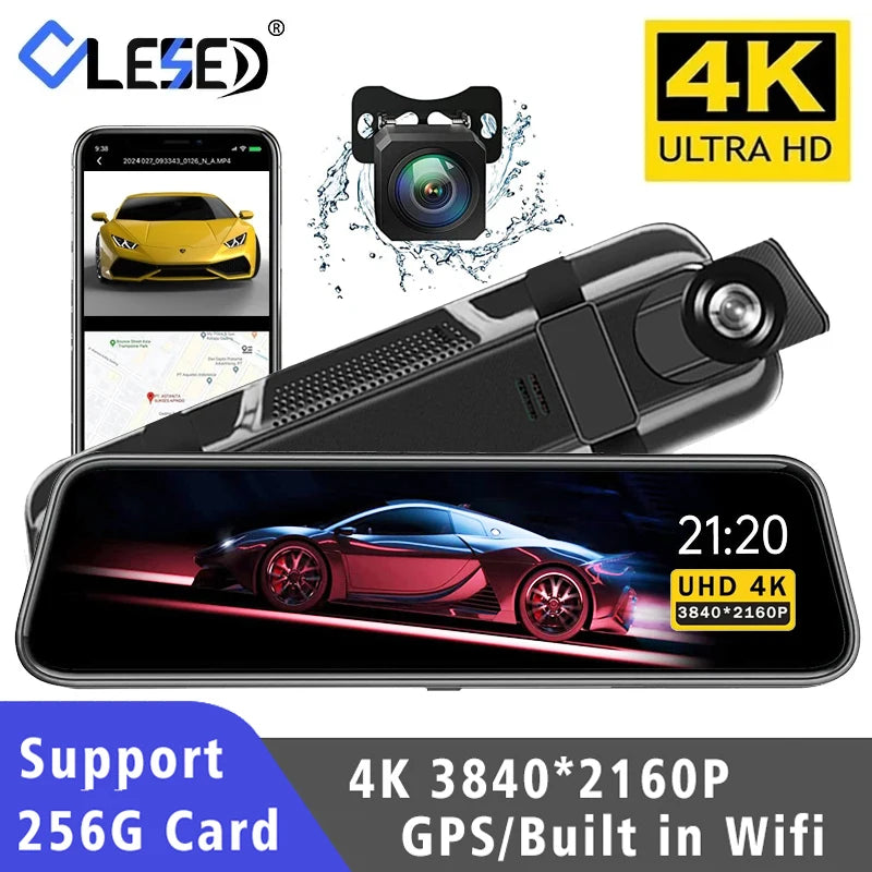10'' 4K Mirror Dash Cam with GPS & WiFi – Dual Lens Car DVR, IPS Screen, Rearview Streaming Recorder