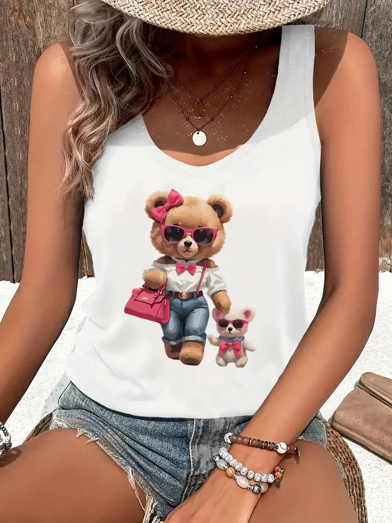 Women's Harajuku Bear Graphic Tank Top - Sleeveless Crew Neck Casual T-Shirt Vest