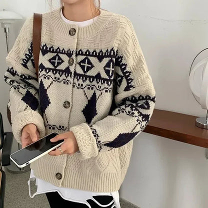 HELIAR Women’s Korean Patchwork Cardigan – Vintage Argyle Knit Sweater with Long Sleeves & Casual O-Neck