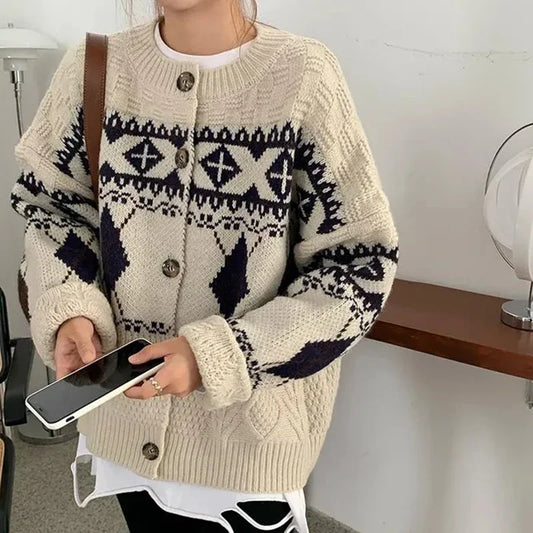 HELIAR Women’s Korean Patchwork Cardigan – Vintage Argyle Knit Sweater with Long Sleeves & Casual O-Neck