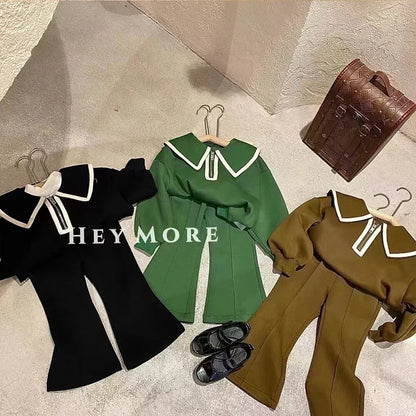 Children's Lapel Long Sleeve Top & Wide Leg Pants Set - 2-Piece Boutique Clothes for Girls, 3-7 Years