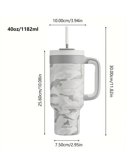 Powcan 40oz Stainless Steel Tumbler with Handle & Straw – Camouflage Prints, Leak-Proof Vacuum Travel Mug for Outdoors