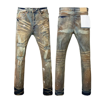 Men's Graffiti Washed Jeans - Retro Distressed Low Rise Skinny Denim Pants