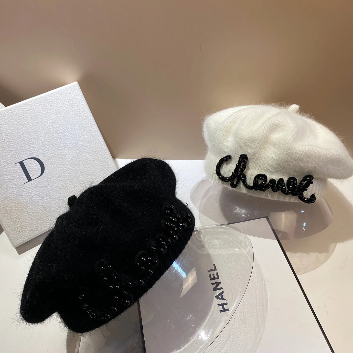 Luxury Fashion Letter Pearl Angora Fur Beret – Women's French Painter Hat, Warm Knitted Octagonal Walking Cap