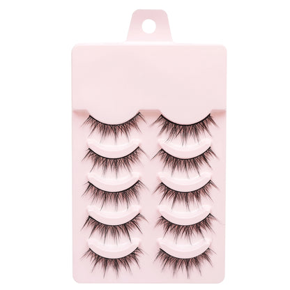 Manga Lashes 5 Pairs – Anime Cosplay Faux Mink Short Full Strip Lashes, Korean Natural Look, Clear Band Soft Eyelash Extensions