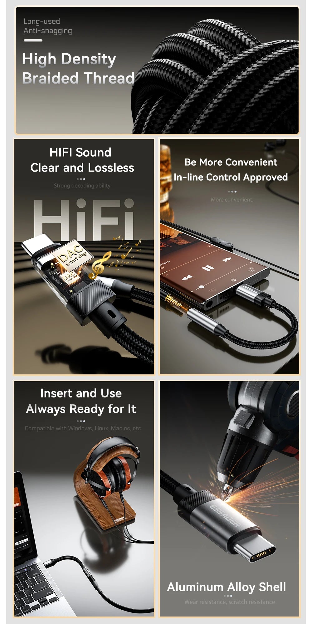 Essager 2-in-1 Audio Adapter – Lightning & USB-C to 3.5mm Jack for iPhone, Xiaomi, OnePlus, OTG Aux Cable