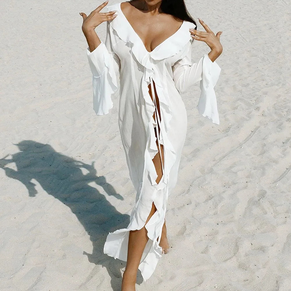 Women’s V-Neck Ruffled Beach Cover Up Dress – Long Sleeve Bikini Sunscreen Smock Vacation Swimsuit Casual Summer Outfit