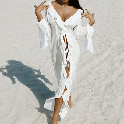 Women’s V-Neck Ruffled Beach Cover Up Dress – Long Sleeve Bikini Sunscreen Smock Vacation Swimsuit Casual Summer Outfit