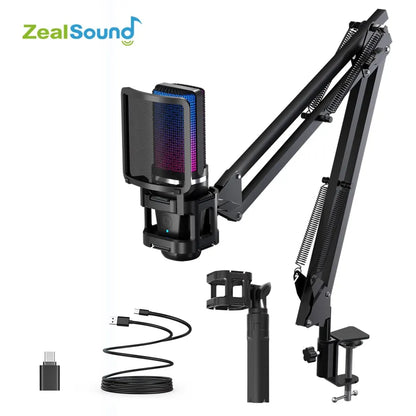 Zealsound RGB Recording Microphone - USB Condenser Mic with Articulated Arm & Tripod for Gaming, Podcasting, and Streaming on YouTube