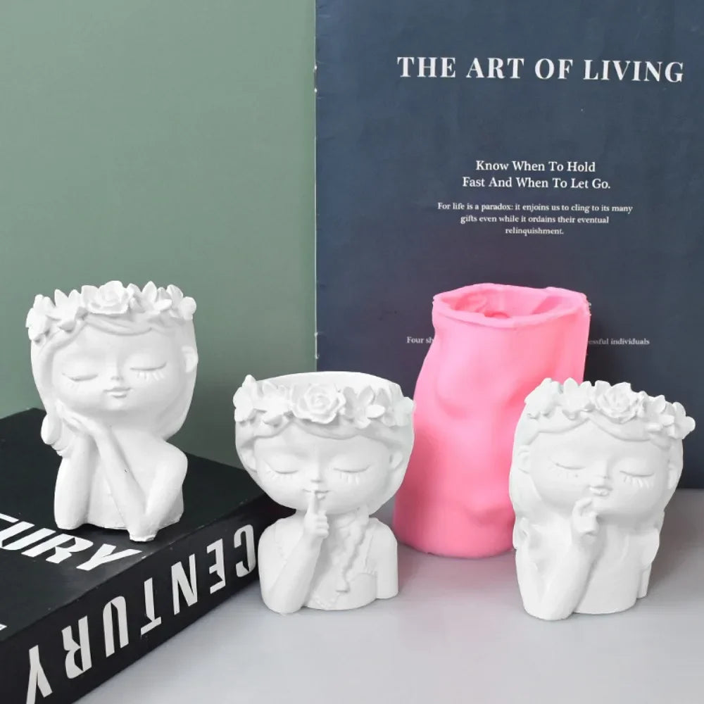 Concrete Vase Silicone Mold | DIY Handmade Girl Head Shaped Flower Pot | Plaster Epoxy Resin Pen Holder Molds | Home Decor Supplies