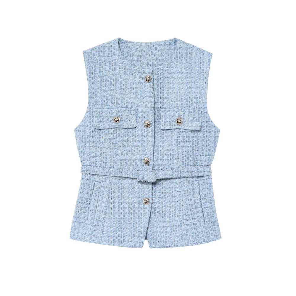 TRZA Women’s Tweed Waistcoat — Sleeveless O-Neck Top with Belt & Front Buttons, Chic Fashion Outerwear