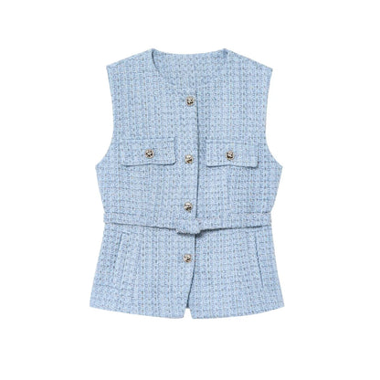 TRZA Women’s Tweed Waistcoat — Sleeveless O-Neck Top with Belt & Front Buttons, Chic Fashion Outerwear