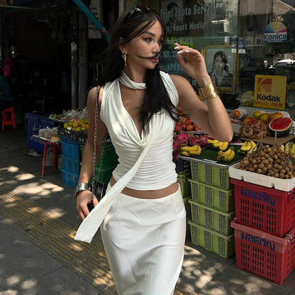 Women’s Solid V-Neck Sleeveless Tank Top – Sexy Slim Fit Knitted Summer Streetwear Bandage Style Casual Elegant Top