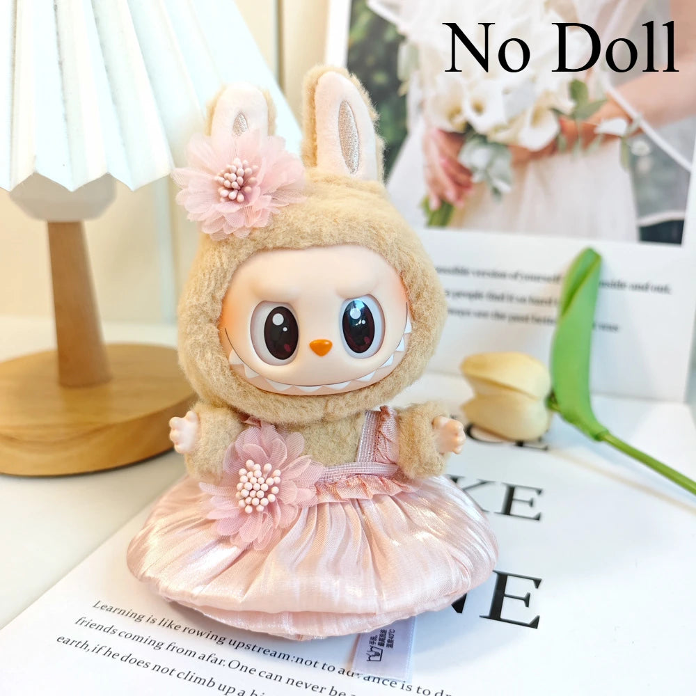 Mini Plush Doll Clothes Bud Skirt with Pearl Hair Accessory — Labubu I & II Kpop Idol Doll DIY Outfit Gift
