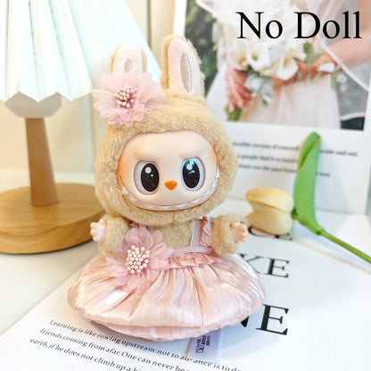 Mini Plush Doll Clothes Bud Skirt with Pearl Hair Accessory — Labubu I & II Kpop Idol Doll DIY Outfit Gift