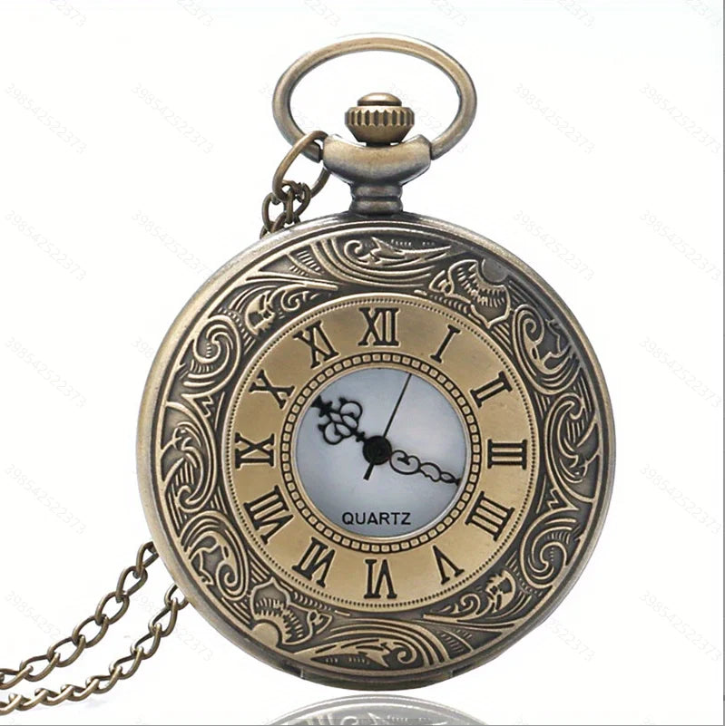 Vintage Black Roman Numeral Pocket Watch - Unisex Steampunk Quartz Necklace Pendant with Chain, Gift Style P427