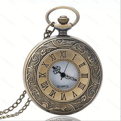 Vintage Black Roman Numeral Pocket Watch - Unisex Steampunk Quartz Necklace Pendant with Chain, Gift Style P427
