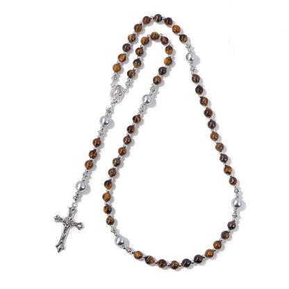 6mm Tiger Eye Rosary Beads Necklace – Catholic Jesus & Virgin Mary Pendant Long Knotted Chain Religious Jewelry for Men & Women