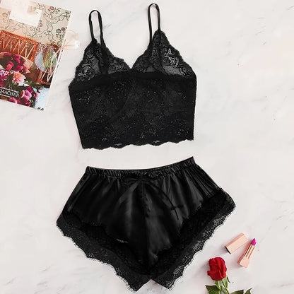 2025 Summer Women's Sexy Lace See-Through Pajamas Set – Black & Pink, Comfortable Breathable Suspender Shorts