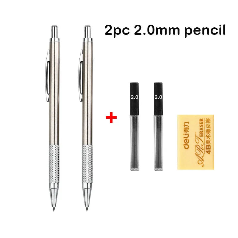 Full Metal Mechanical Pencil Set - 0.3–2.0mm Automatic Drawing Pencils with Leads for Art, School, and Office Use
