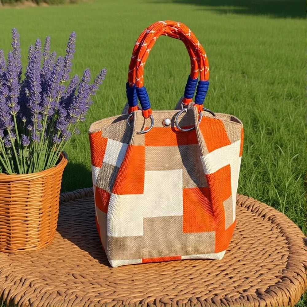 Women’s Metal Ring Bucket Handbag – Fashionable Color Block Knit Tote Bag, Spacious for Daily Commute, Leisure & Travel