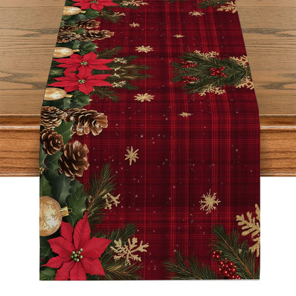 Christmas Poinsettia Table Runner - Holly Snowflake Holiday Dining Decor for Kitchen, Coffee Table & Party Settings