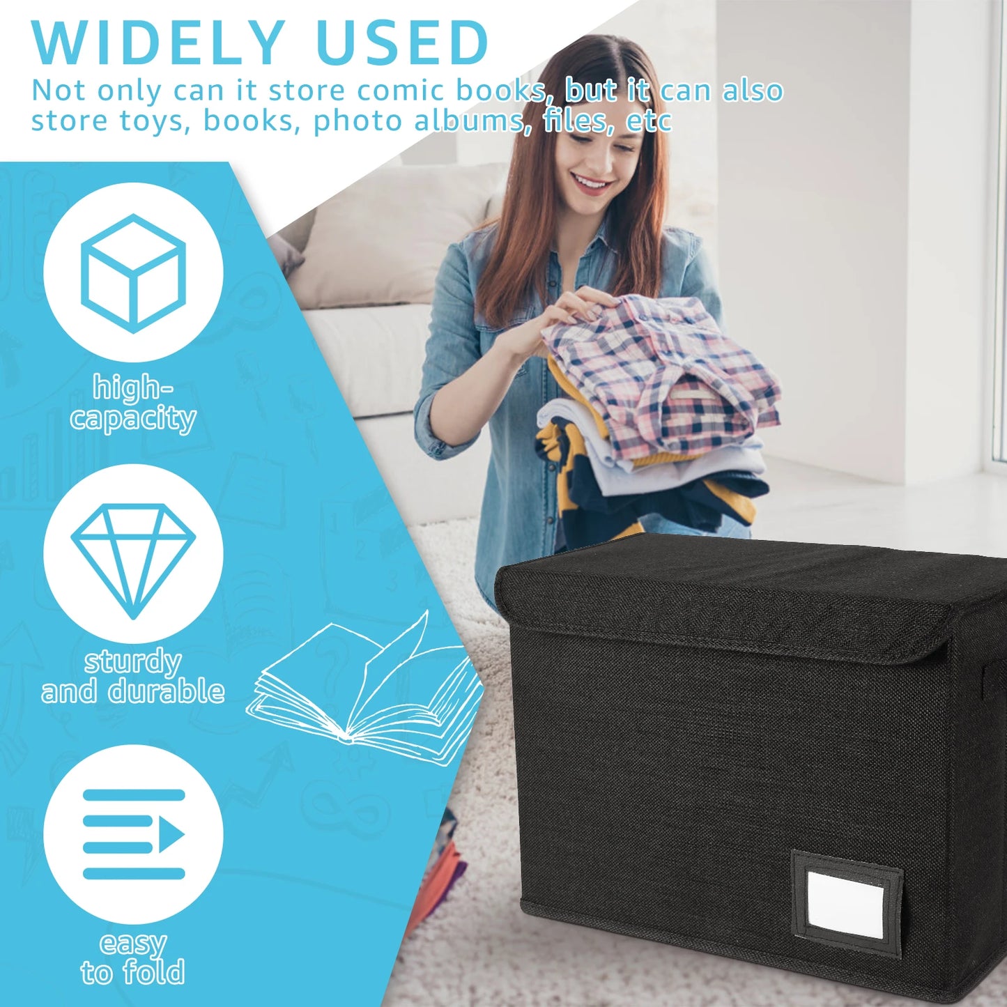 Foldable Clothing Storage Box with Lid – Washable Comic Book Organizer Bin with Handle, Multipurpose Home & Office Storage Container