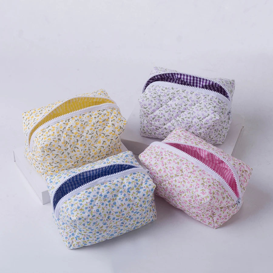Floral Puffy Quilted Makeup Bag — Large Travel Cosmetic Organizer Pouch with Flower Print for Makeup Accessories