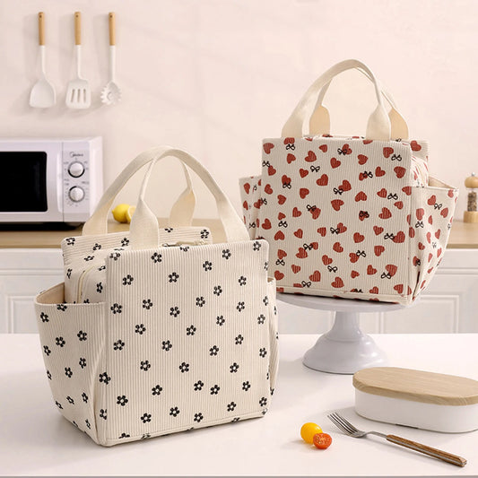 12L Insulated Lunch Box Bag — Thickened Aluminum Foil, Waterproof & Oil-Proof Printed Corduroy Meal Bag