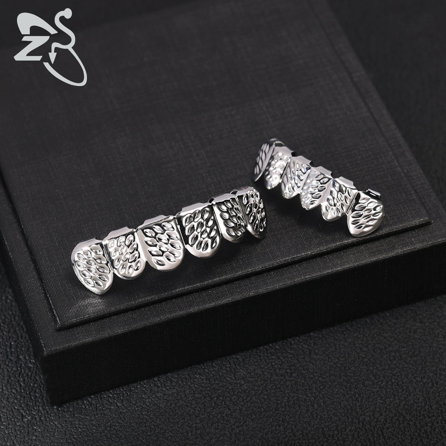 ZS Hip Hop Grillz – Silver/Gold Plated CZ Crystal Cross & Rose Star Tooth Cap, Top & Bottom Set