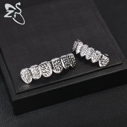 ZS Hip Hop Grillz – Silver/Gold Plated CZ Crystal Cross & Rose Star Tooth Cap, Top & Bottom Set