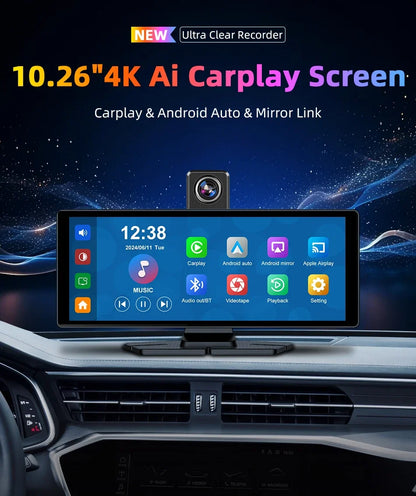 7"/10.26" 4K Dash Cam — Car DVR with Wireless CarPlay, Android Auto, 350° Rotating Lens, GPS & Bluetooth