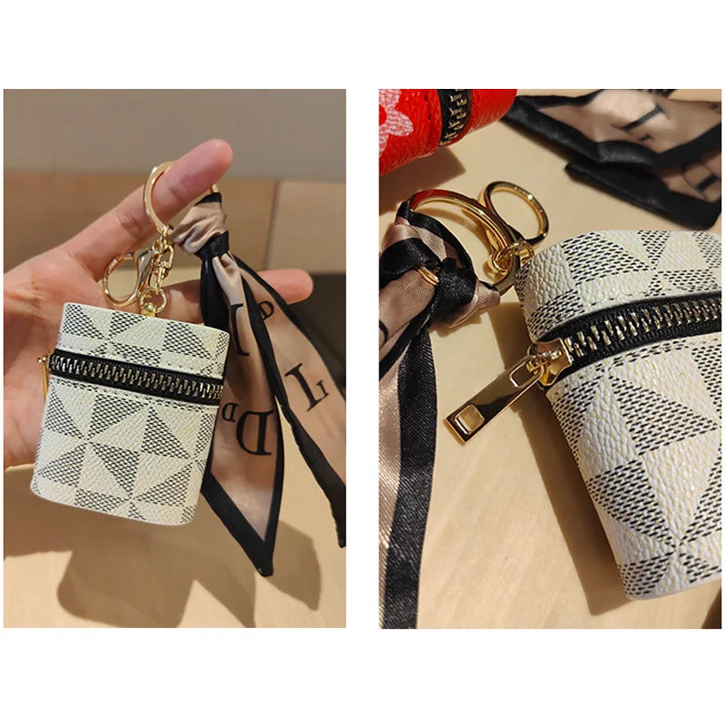 Mini Striped Textured Bucket Bag – AirPods & Small Items Case with Coin Purse and Hook (Fits AirPods 1/2/3/4/Pro)