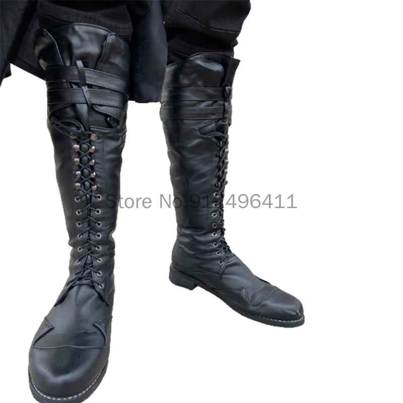 Men’s Medieval Steampunk Boots – Long Black PU Leather Cosplay Shoes for Winter LARP, Pirate, Halloween, Carnival, and Knight Costume