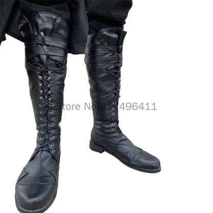 Men’s Medieval Steampunk Boots – Long Black PU Leather Cosplay Shoes for Winter LARP, Pirate, Halloween, Carnival, and Knight Costume