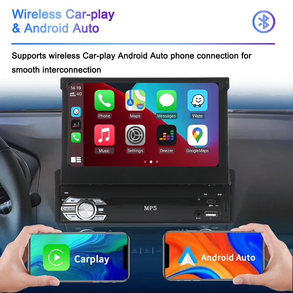 Universal 1-DIN 7" Car Stereo - Retractable Touchscreen MP5 Player with CarPlay, Android Auto, FM Radio & Mirror Link