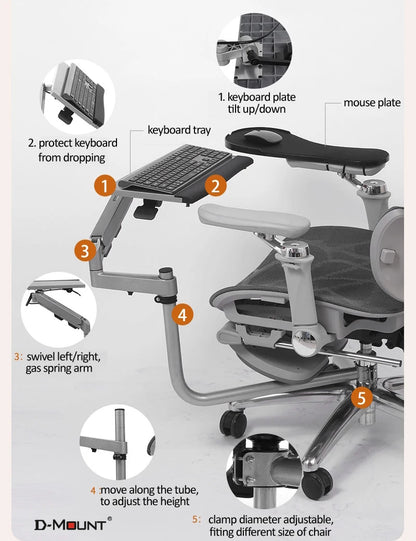 D-MOUNT OK5330 Laptop Tray Holder - Multi-Function Chair-Mounted Desk with Keyboard Plate, Full-Motion Rotation & Adjustable Stand