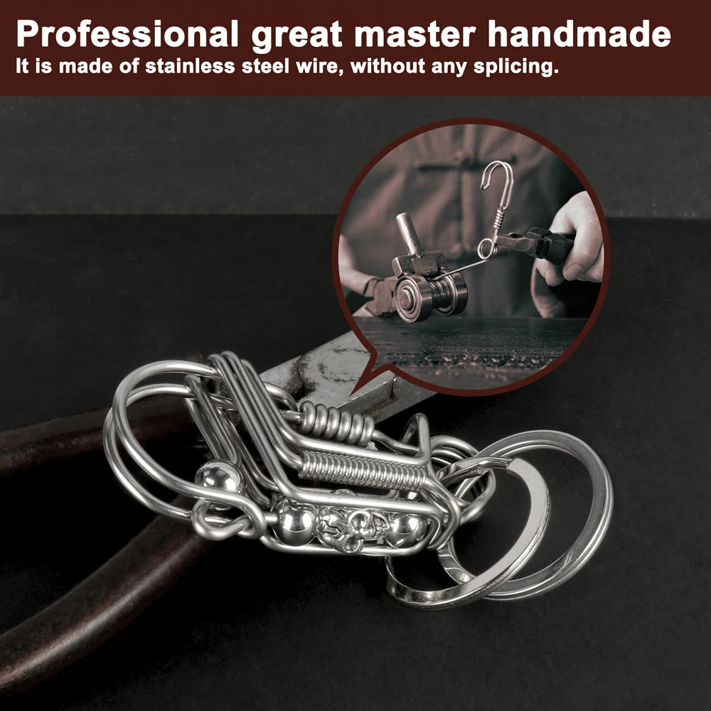 Stainless Steel Skull Keychain — Handmade Matte Round Bead Charm, Mechanical Car Key Ring for Men