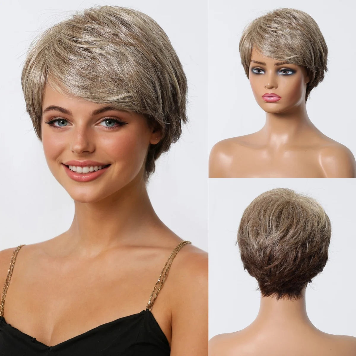 Short Pixie Cut Grey Human Hair Wig – 8 Inch Layered Fashion Wig for Women, Daily Use, Machine Made