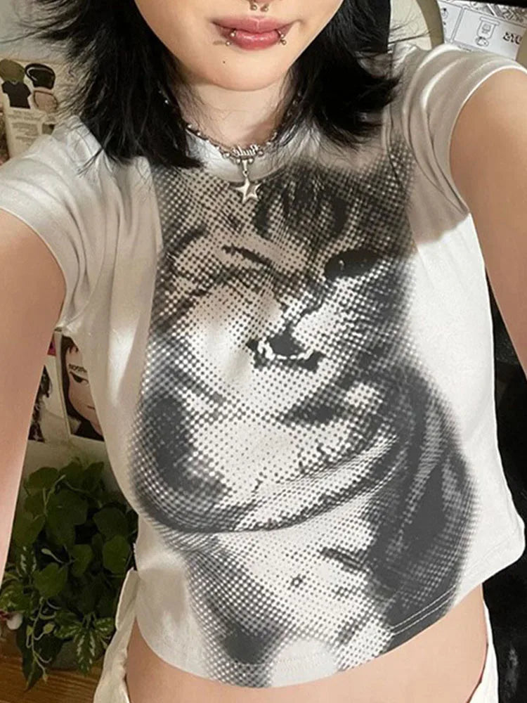 Harajuku Animal Print Crop Top - Women’s Y2K Vintage White Short Sleeve Slim Fit Casual T-Shirt
