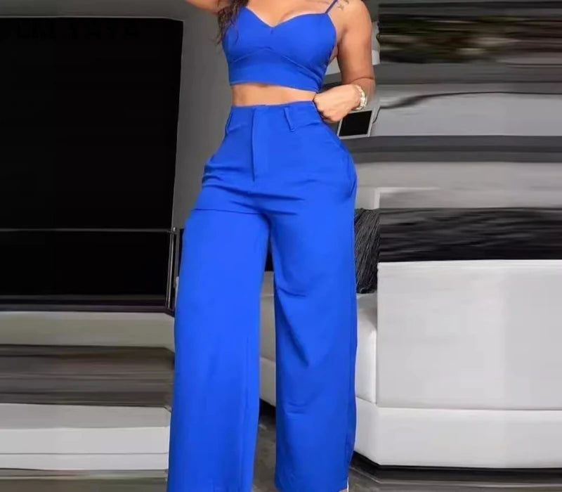 CM.YAYA Women’s 2-Piece Set – Spaghetti Strap V-Neck Crop Top & Wide Leg Pants, Party Tracksuit 2024