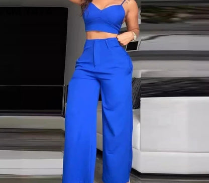 CM.YAYA Women’s 2-Piece Set – Spaghetti Strap V-Neck Crop Top & Wide Leg Pants, Party Tracksuit 2024