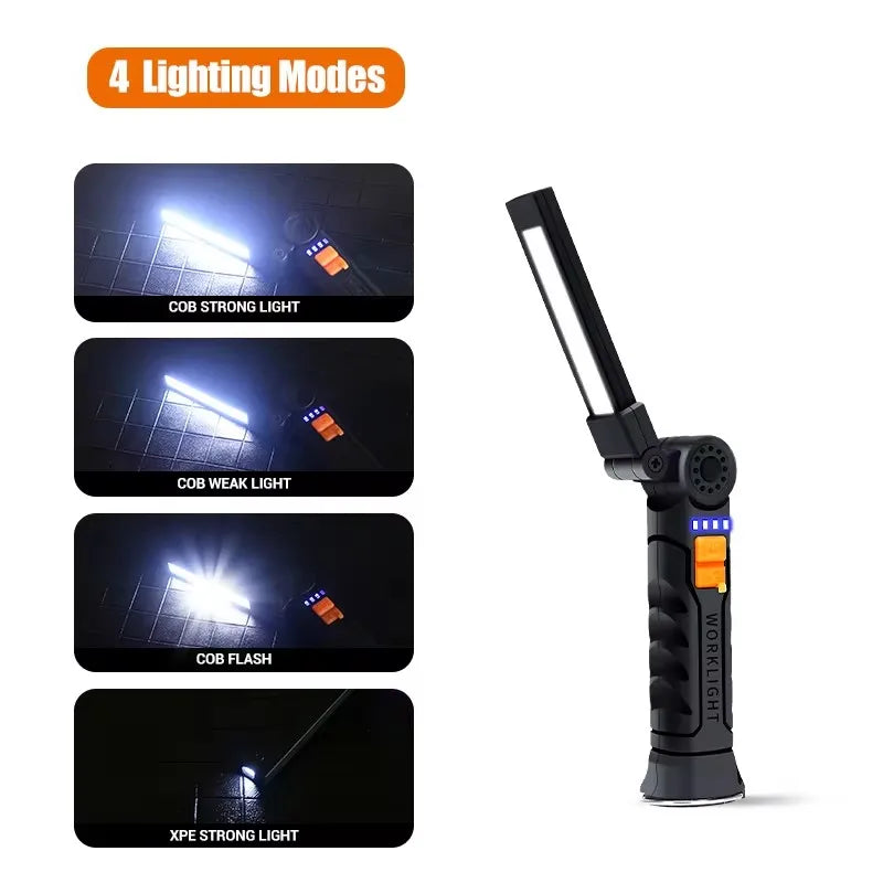 Folding COB XPE LED Work Light - Rechargeable Handheld Flashlight with SOS Strobe for Car Inspection & Emergency Use