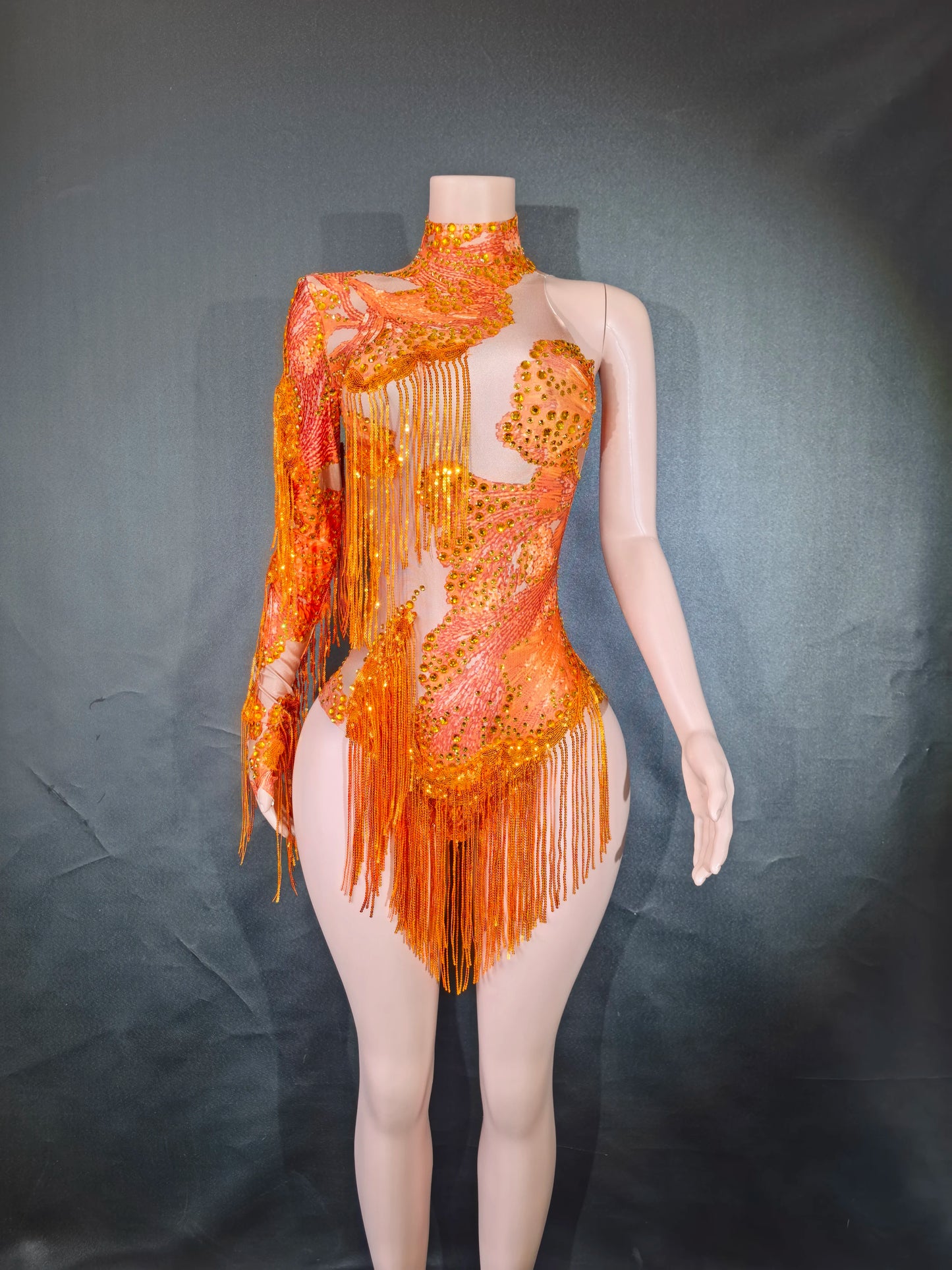 Sexy Blue Rhinestone Skinny Leotard – One-Shoulder Fringe Dance Costume for Singers & Dancers