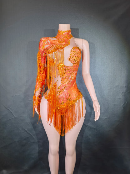 Sexy Blue Rhinestone Skinny Leotard – One-Shoulder Fringe Dance Costume for Singers & Dancers