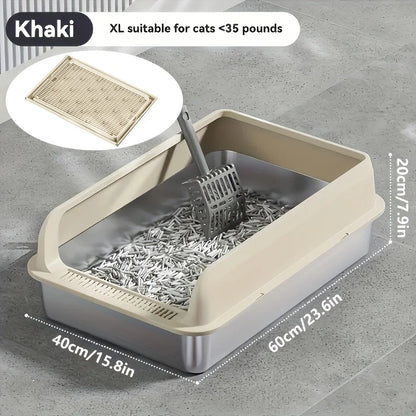 KEMORELA Extra Large Stainless Steel Cat Litter Box with Lid – Enclosed, High-Sided, Leak-Proof Litter Pan with Cat Litter Mat
