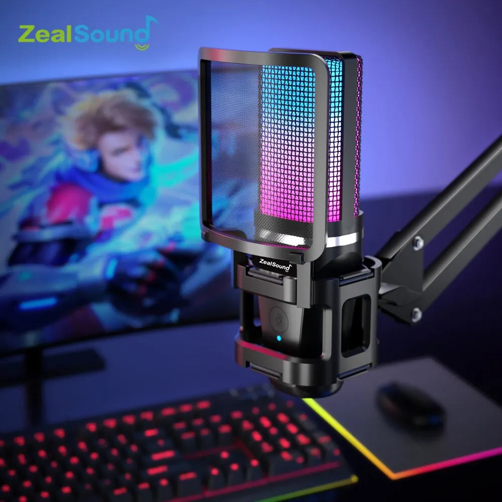 Zealsound RGB Recording Microphone - USB Condenser Mic with Articulated Arm & Tripod for Gaming, Podcasting, and Streaming on YouTube