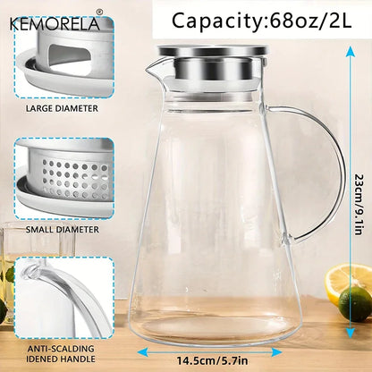 Transparent Glass Water Jug - Heat Resistant Cold Water Kettle with Handle & Large Capacity Household Drink Pitcher