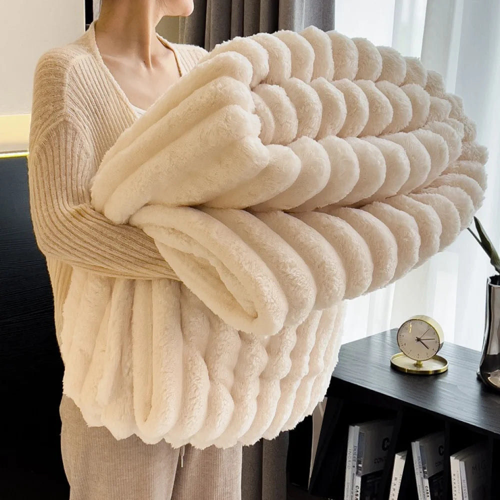 Soft & Warm 250GSM Throw Blanket – Fluffy Decorative Striped Blanket for Bed, Winter Nap & Sleep